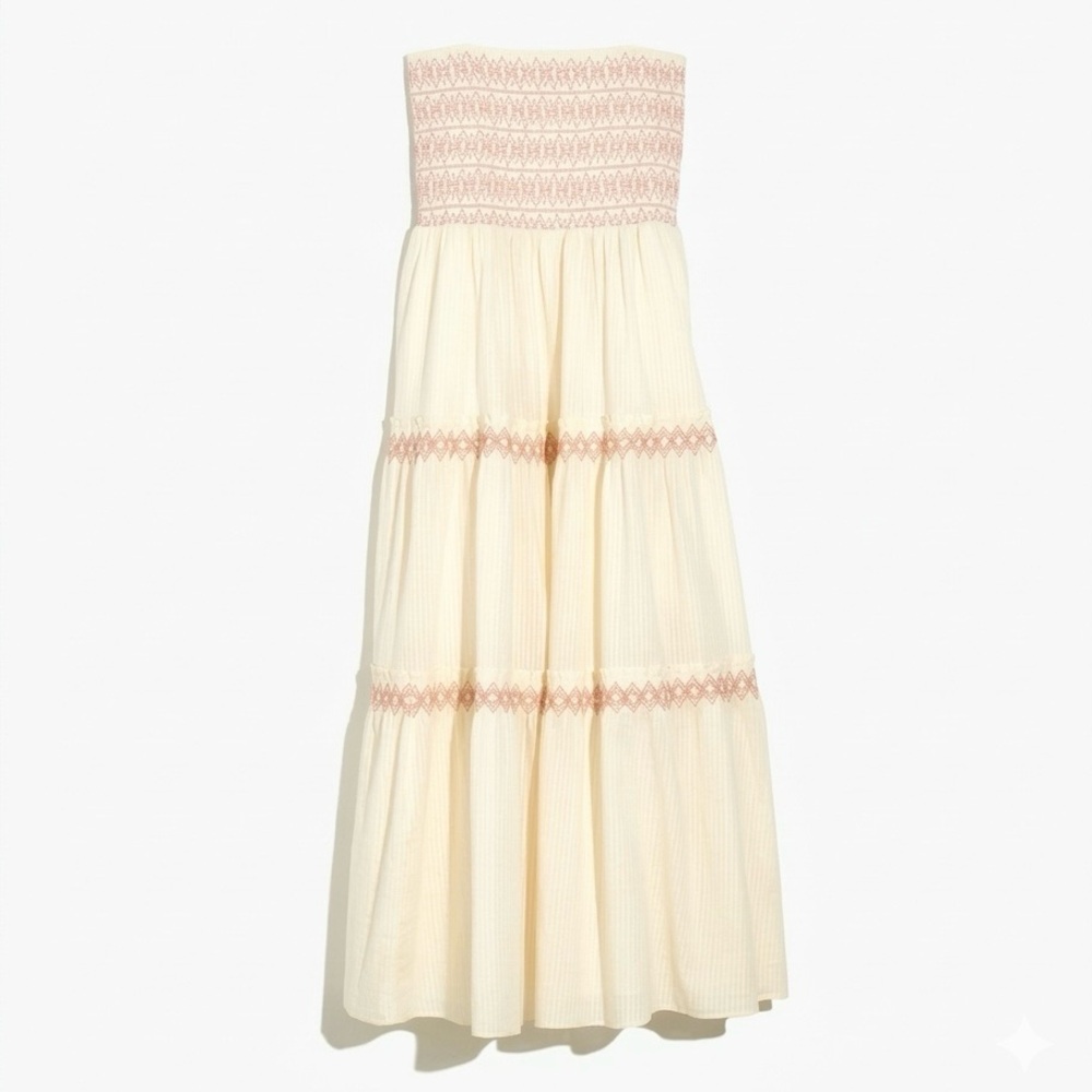 Madewell Smocked Embroidered Tiered Midi Maxi Dress ‘Lighthouse’ Cream Size XXS